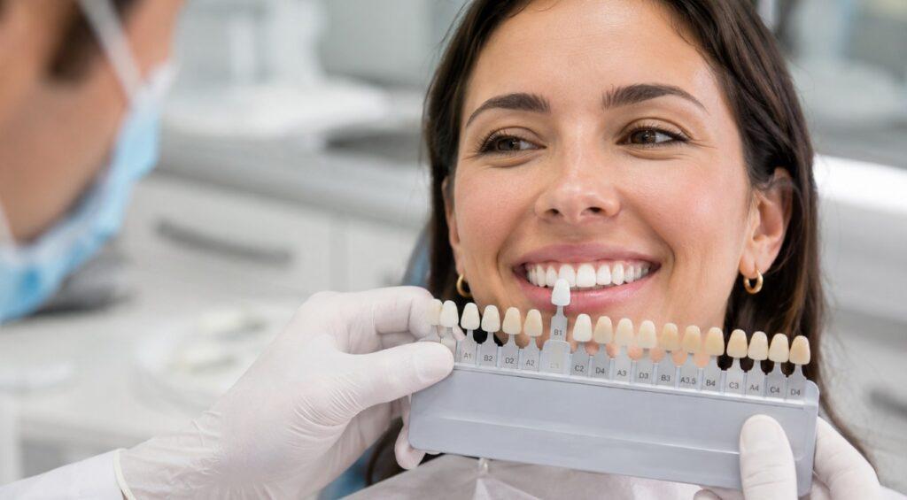 Dentista comparando una guía de tonos dentales con la sonrisa de un paciente