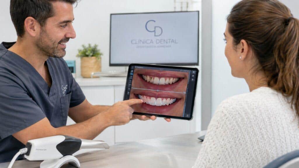 Odontólogo mostrando un diseño digital de sonrisa a una paciente en una tableta