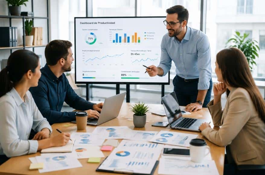 Equipo de trabajo en oficina moderna analizando productividad