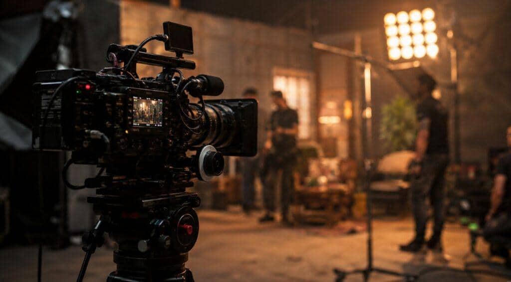 Cámara de cine grabando una escena en un set de rodaje