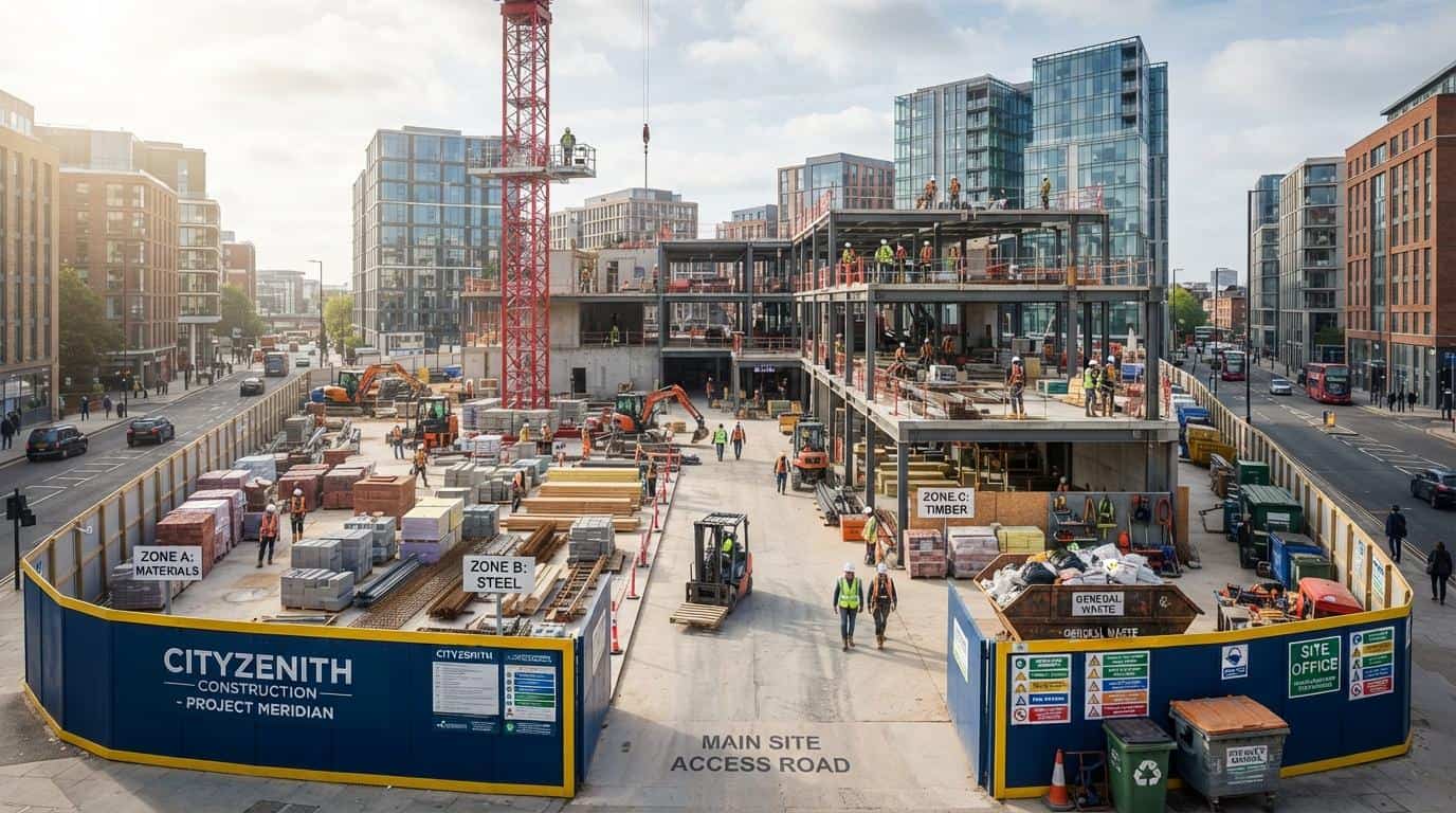 Logística organizada en una obra con materiales y contenedor