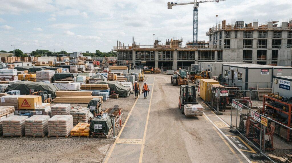 Organización de materiales y zonas de paso en una obra