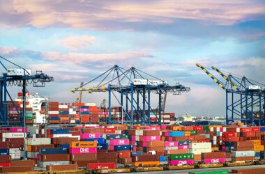 Grúas y contenedores en un puerto comercial, imagen del comercio internacional que regula la Organización Mundial del Comercio