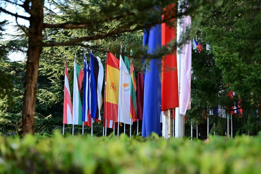 Hilera de banderas de distintos países, símbolo de los miembros de la Organización Mundial del Comercio